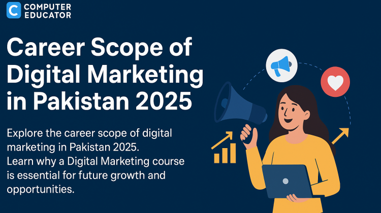 Career Scope of Digital Marketing in Pakistan 2025 – Computer Educator blog with illustrations of digital tools, laptop, and marketing icons