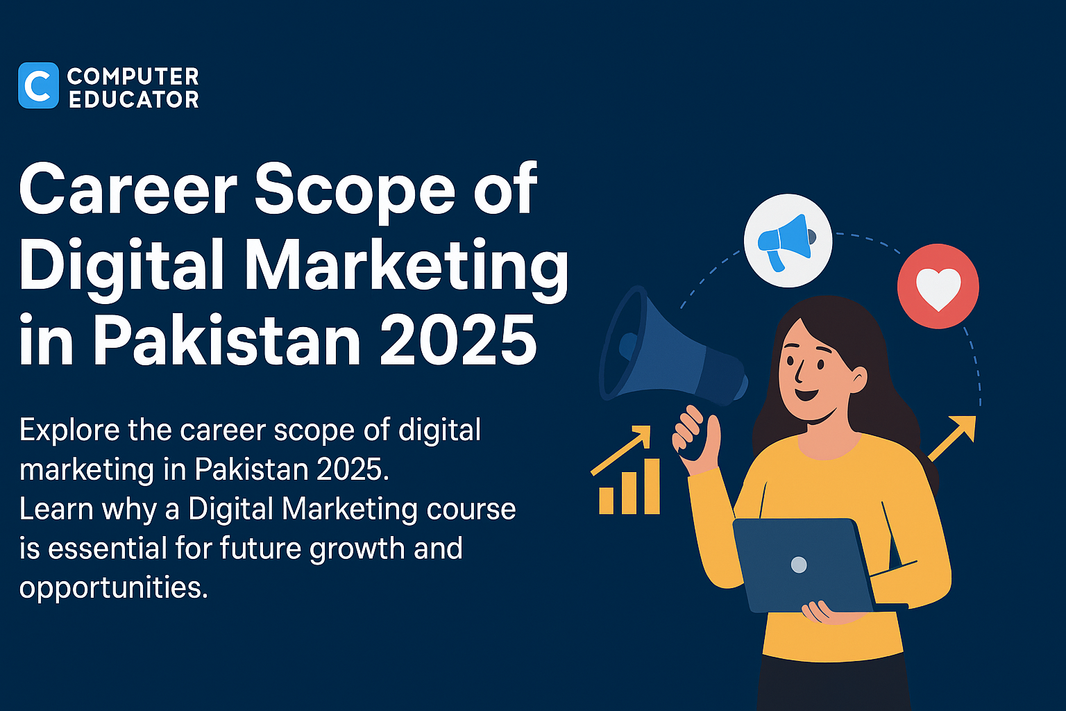 Career Scope of Digital Marketing in Pakistan 2025 – Computer Educator blog with illustrations of digital tools, laptop, and marketing icons