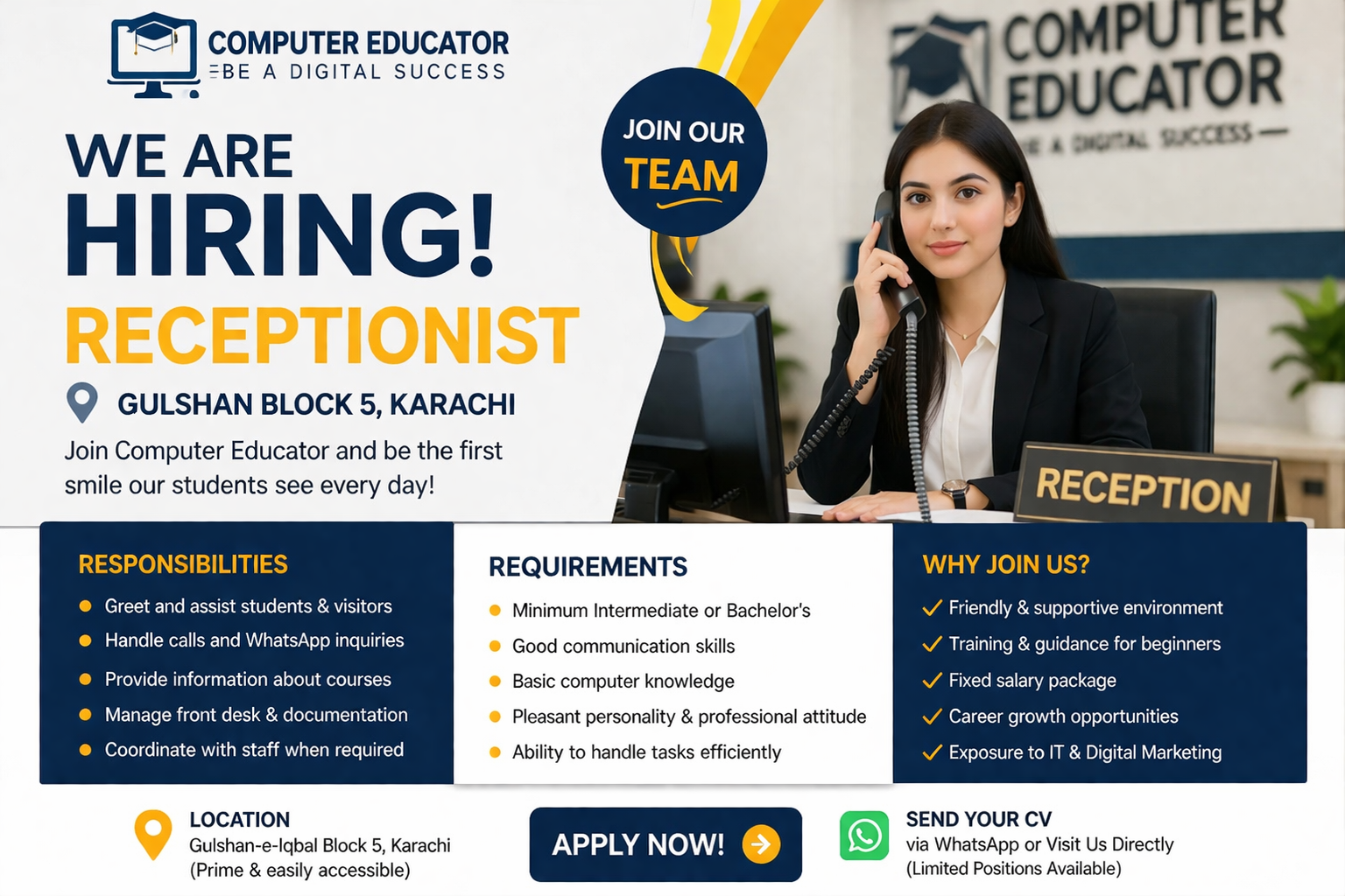 receptionist job in gulshan block 5